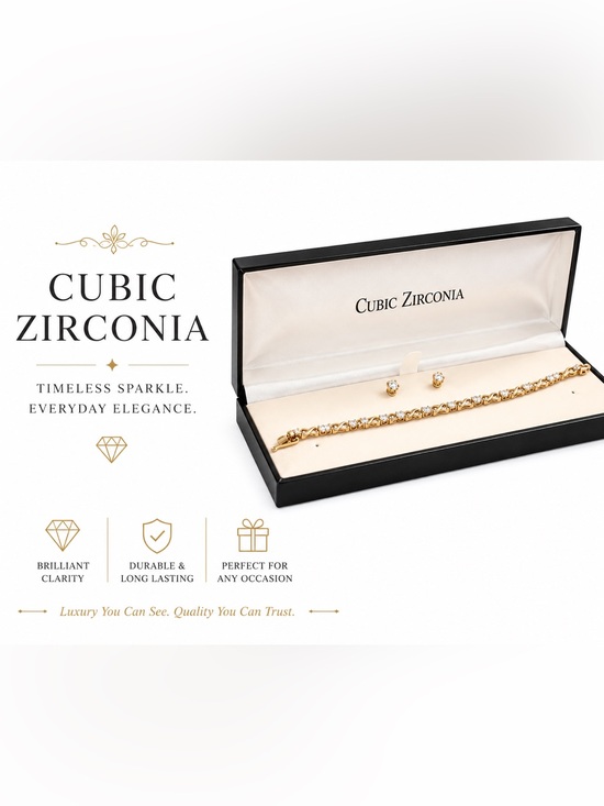 Jewelry - Gold Tone Cubic Zirconia Tennis Bracelet & Stud Earrings Set Gift Boxed